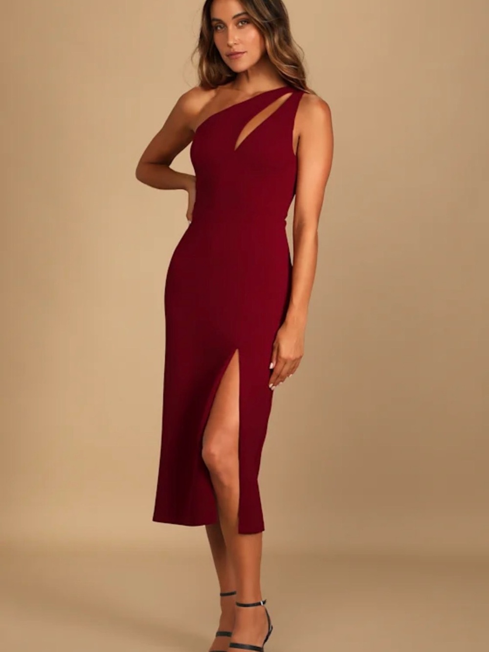 Lulus One-Shoulder Burgundy Midi Dress with Side Slit Size M